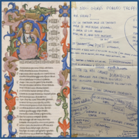  a page from a Divine Comedy manuscript held at beinecke and a page from Pablo Echaurren's papers held at Beinecke