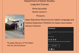 The Lecture on the Perfetto! Intermediate - Advanced Textbook, given by Anna Iacovella, will be on February 13, 2025 at 5:30 PM in the Humanities Quadrangle room 133.